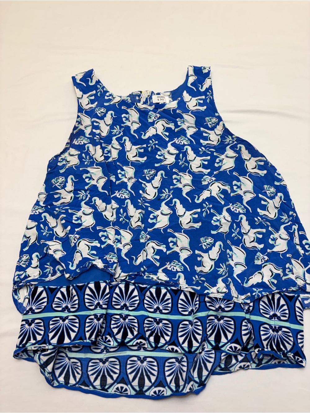 Crown & Ivy Blue Elephant Print Tiered Zip Back Tank Top Sleeveless Blouse XL